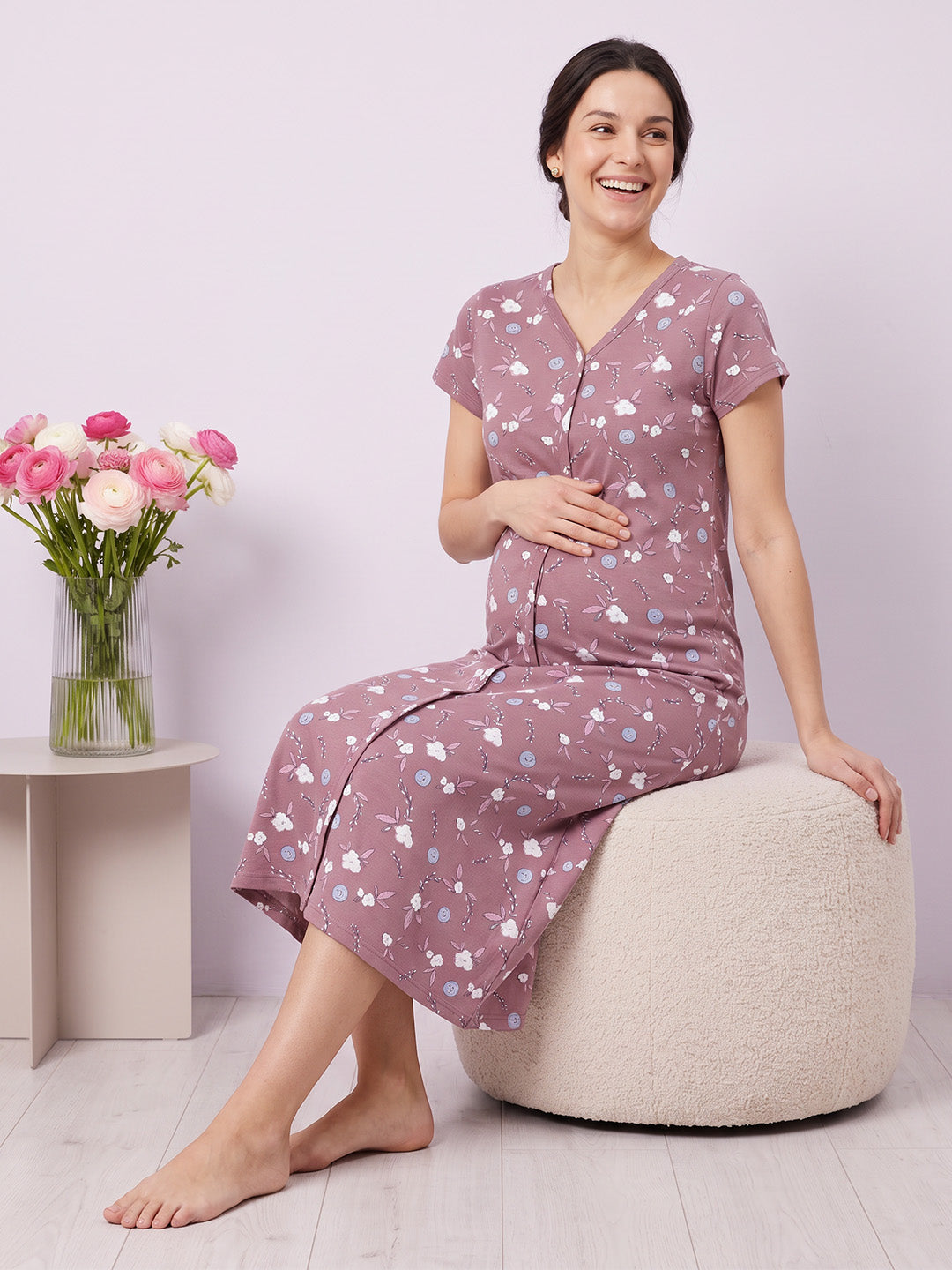 Lavender Floral Hosiery Zipless Maternity Nighty