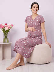 Lavender Floral Hosiery Zipless Maternity Nighty