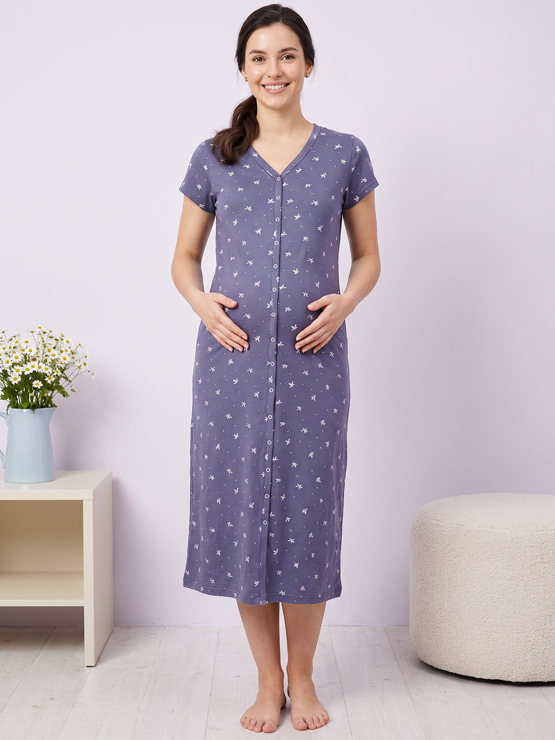 Blue Floral Hosiery Zipless Maternity Nighty