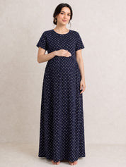 Navy Blue Printed Hosiery Zipless Maternity Nighty