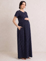 Navy Blue Printed Hosiery Zipless Maternity Nighty