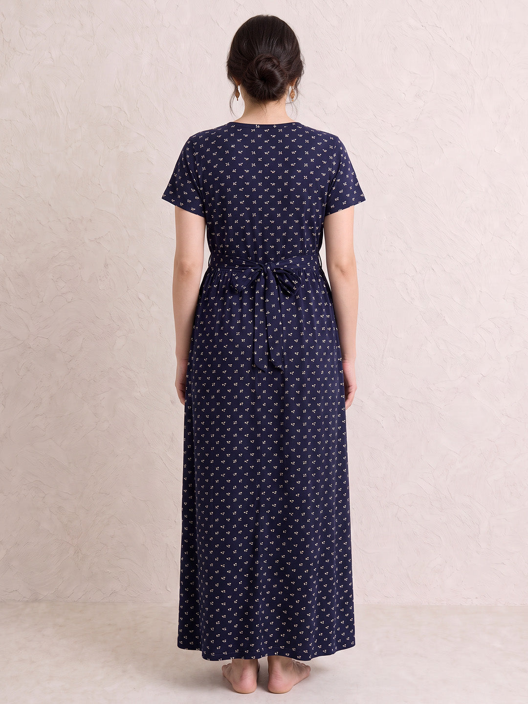 Navy Blue Printed Hosiery Zipless Maternity Nighty