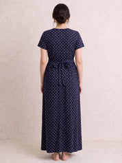 Navy Blue Printed Hosiery Zipless Maternity Nighty