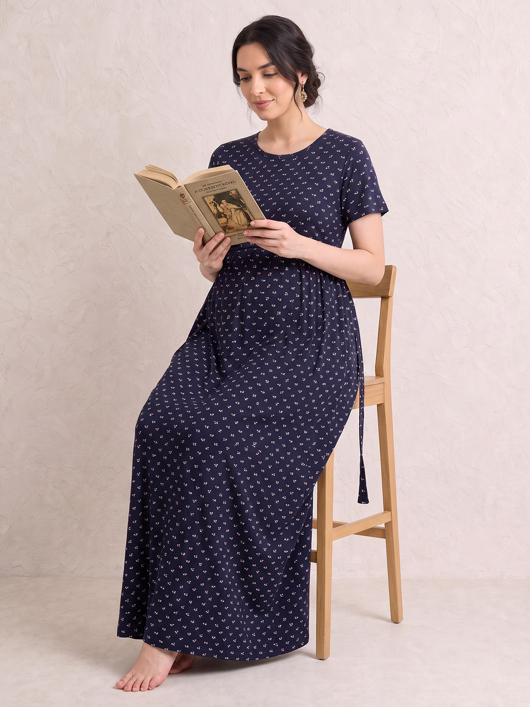 Navy Blue Printed Hosiery Zipless Maternity Nighty