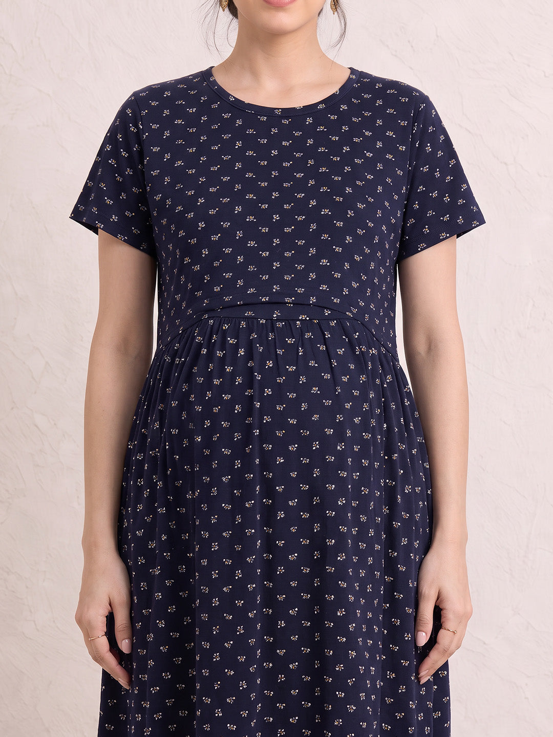 Navy Blue Printed Hosiery Zipless Maternity Nighty