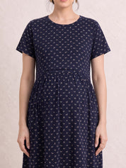 Navy Blue Printed Hosiery Zipless Maternity Nighty