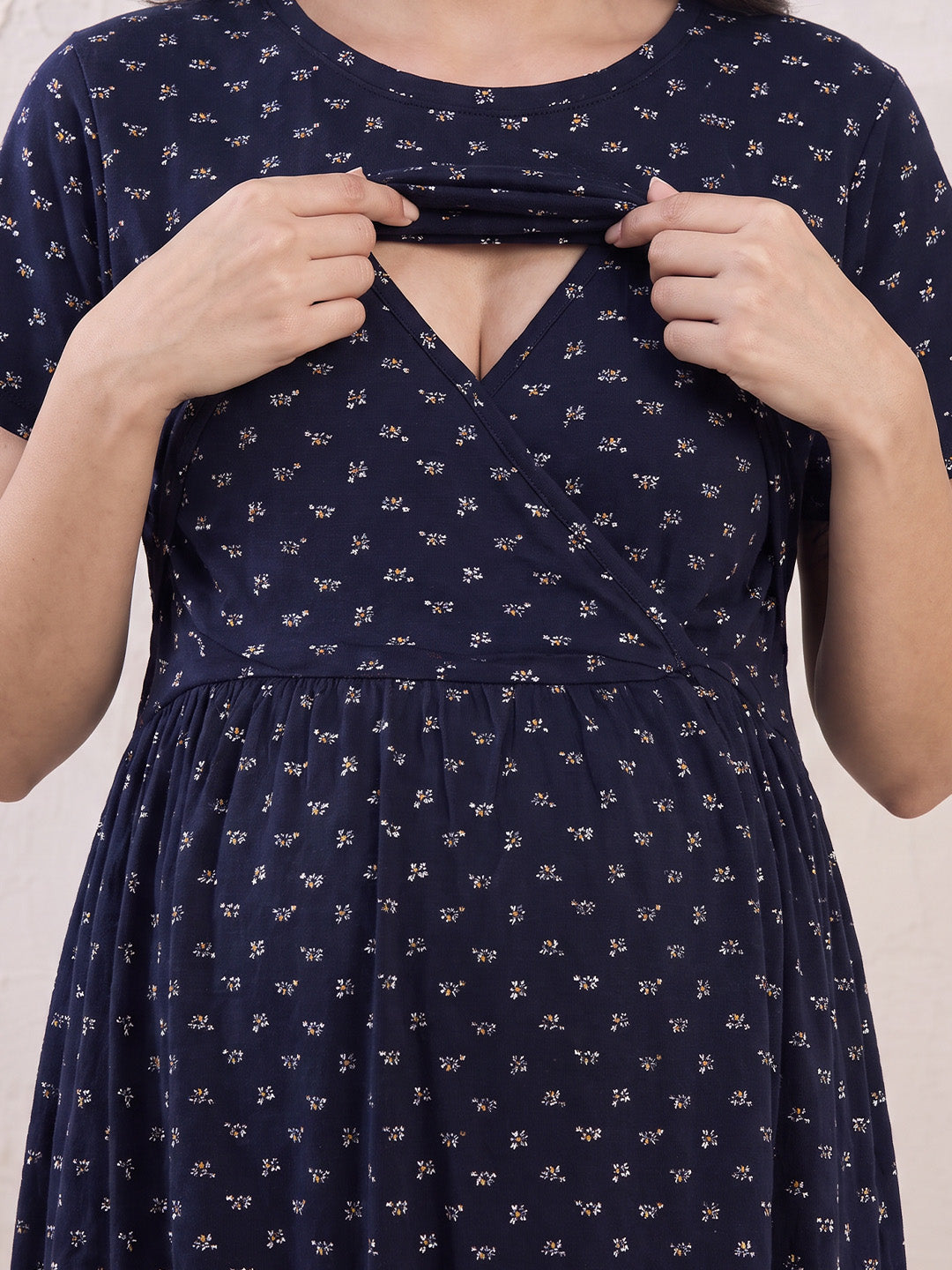 Navy Blue Printed Hosiery Zipless Maternity Nighty