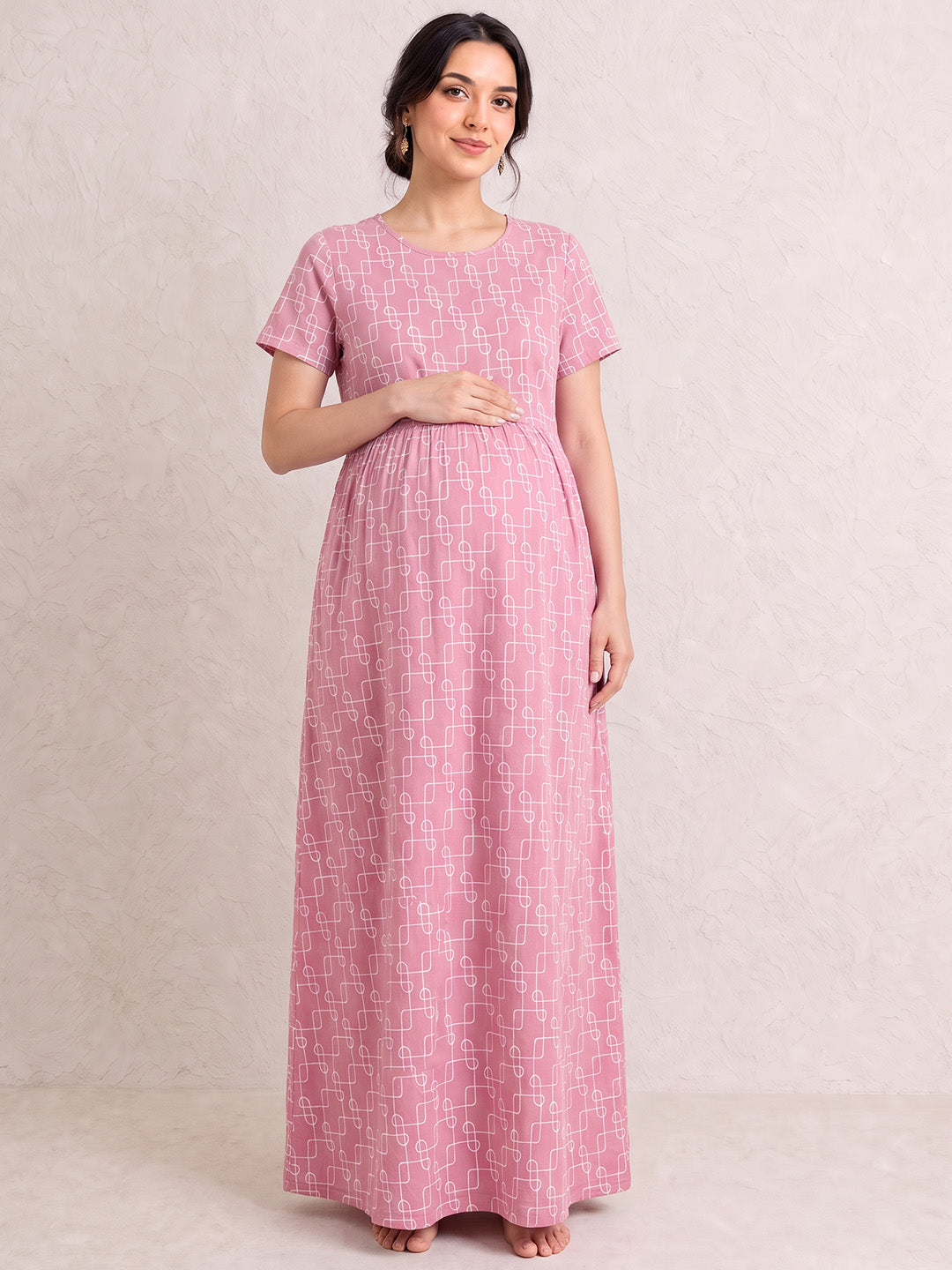 Pink Printed Hosiery Zipless Maternity Nighty