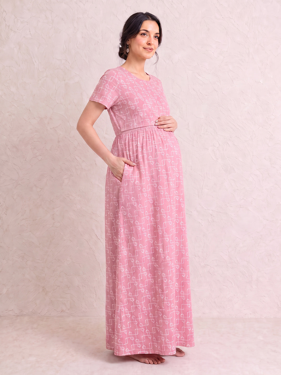 Pink Printed Hosiery Zipless Maternity Nighty