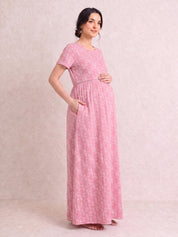 Pink Printed Hosiery Zipless Maternity Nighty