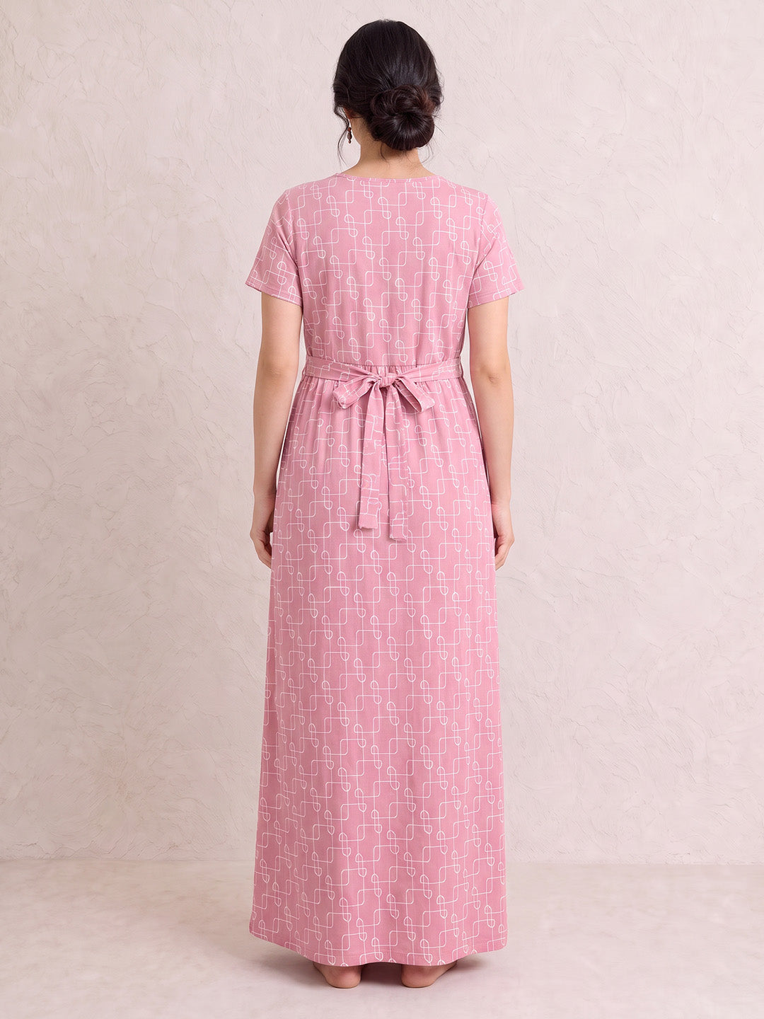 Pink Printed Hosiery Zipless Maternity Nighty