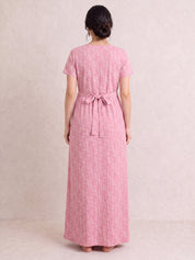 Pink Printed Hosiery Zipless Maternity Nighty