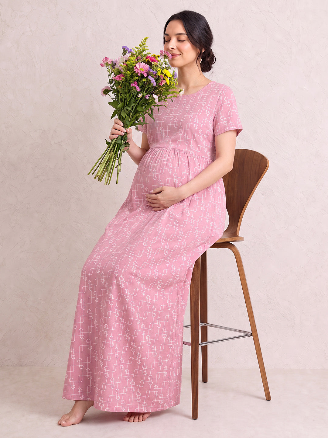 Pink Printed Hosiery Zipless Maternity Nighty