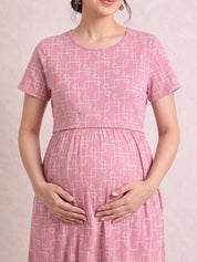 Pink Printed Hosiery Zipless Maternity Nighty
