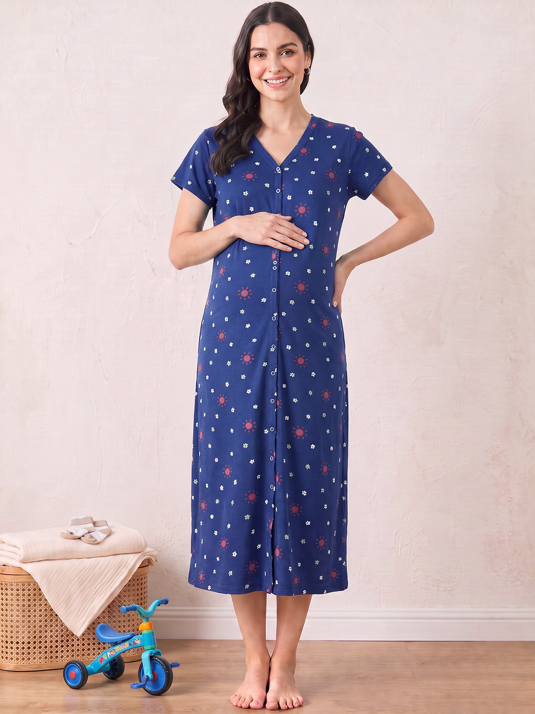 Blue Printed Hosiery Zipless Maternity Nighty