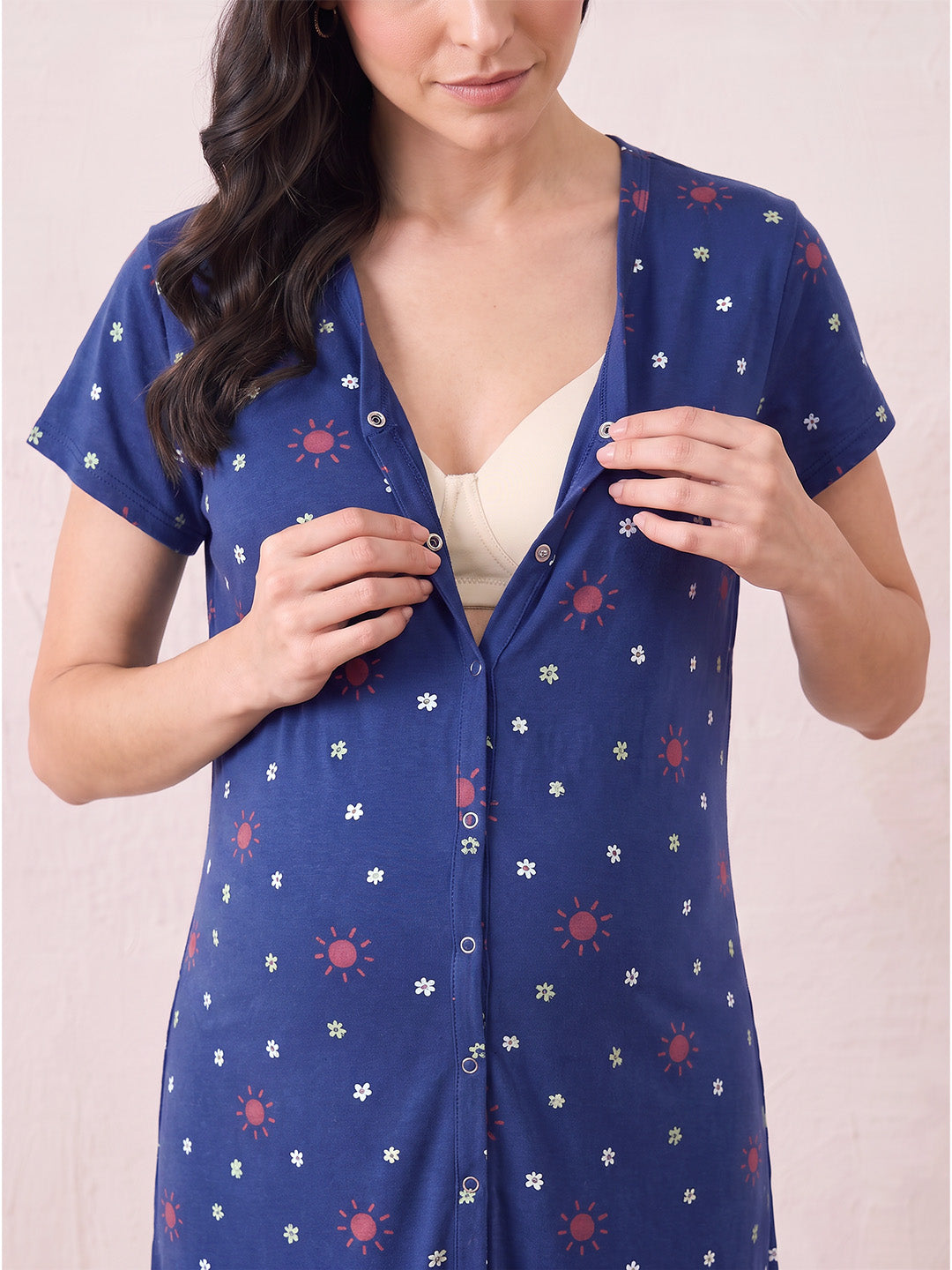 Blue Printed Hosiery Zipless Maternity Nighty