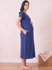 Blue Printed Hosiery Zipless Maternity Nighty