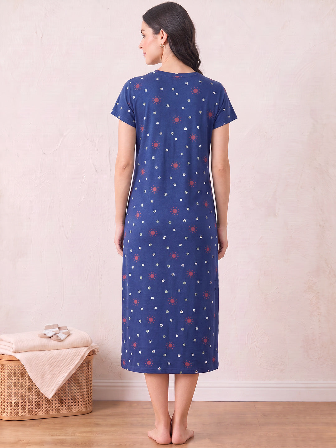 Blue Printed Hosiery Zipless Maternity Nighty