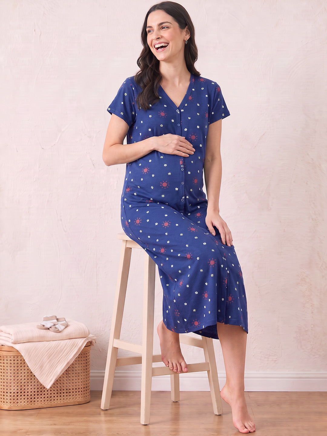 Blue Printed Hosiery Zipless Maternity Nighty