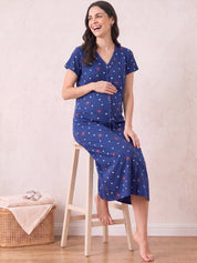 Blue Printed Hosiery Zipless Maternity Nighty