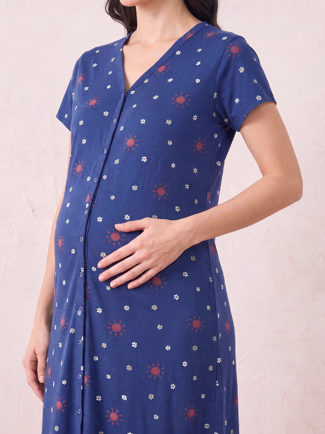 Blue Printed Hosiery Zipless Maternity Nighty