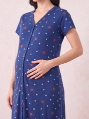 Blue Printed Hosiery Zipless Maternity Nighty