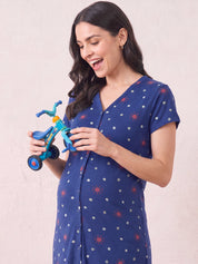 Blue Printed Hosiery Zipless Maternity Nighty