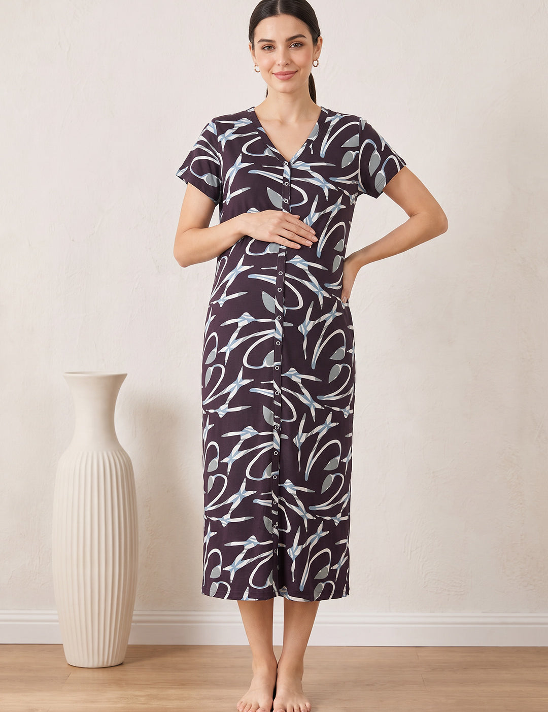 Brown Abstract Hosiery Zipless Maternity Nighty