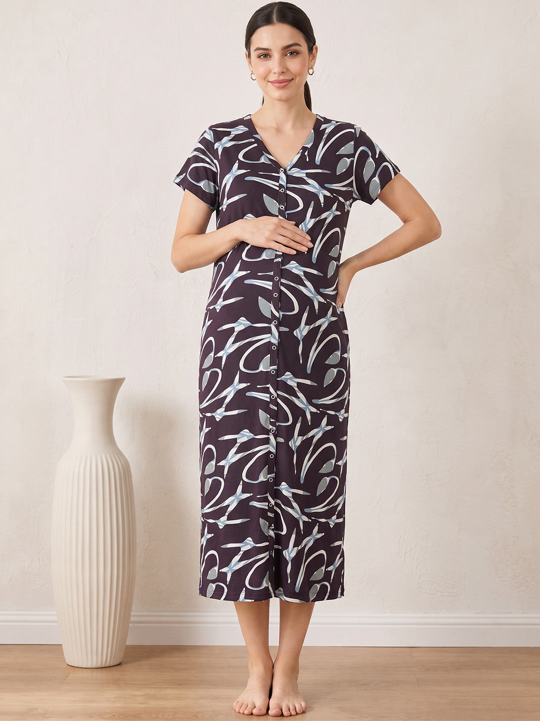 Brown Abstract Hosiery Zipless Maternity Nighty