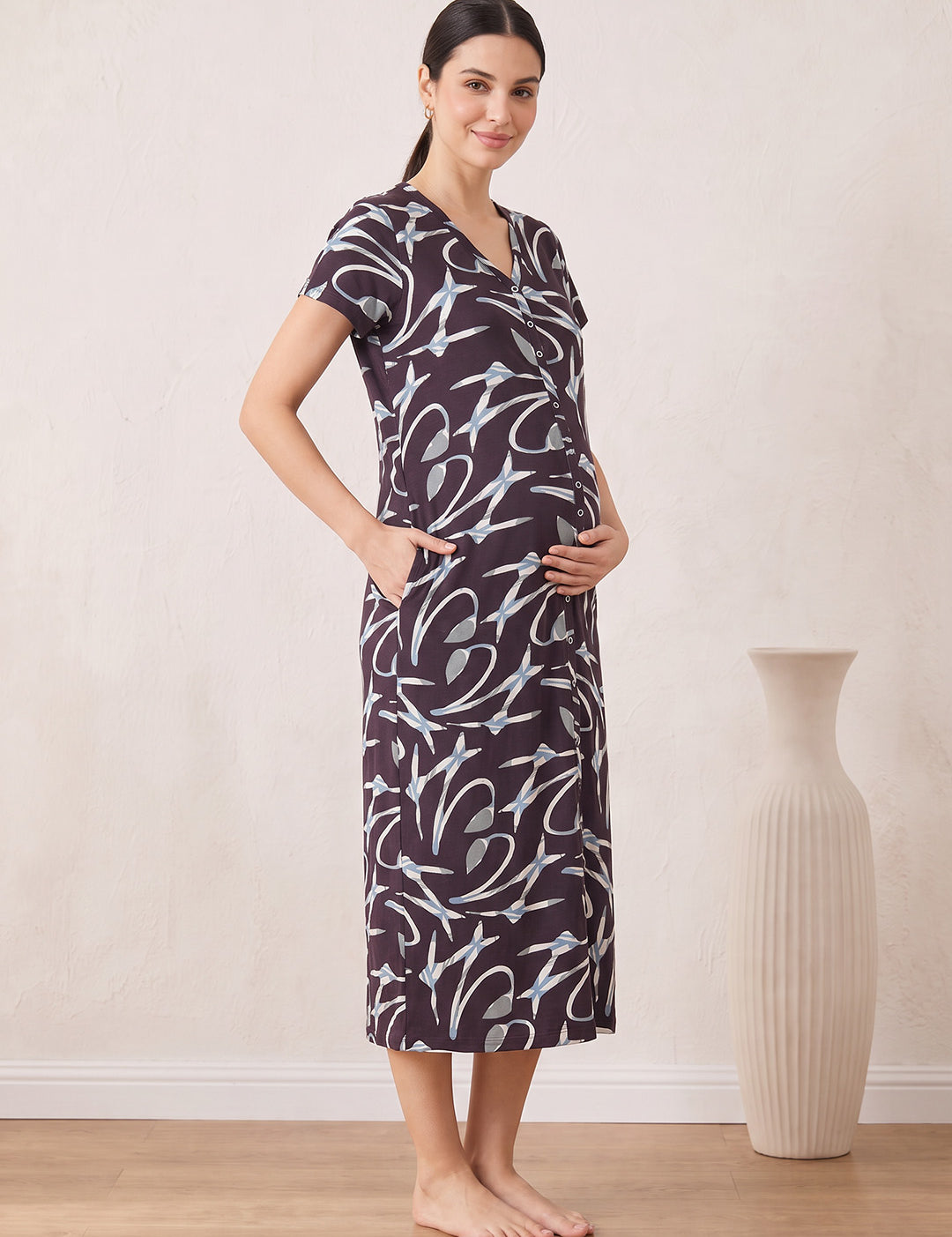 Brown Abstract Hosiery Zipless Maternity Nighty