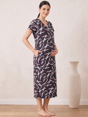 Brown Abstract Hosiery Zipless Maternity Nighty