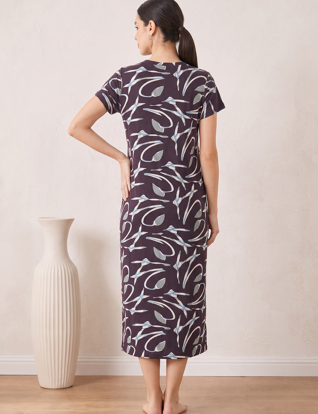 Brown Abstract Hosiery Zipless Maternity Nighty