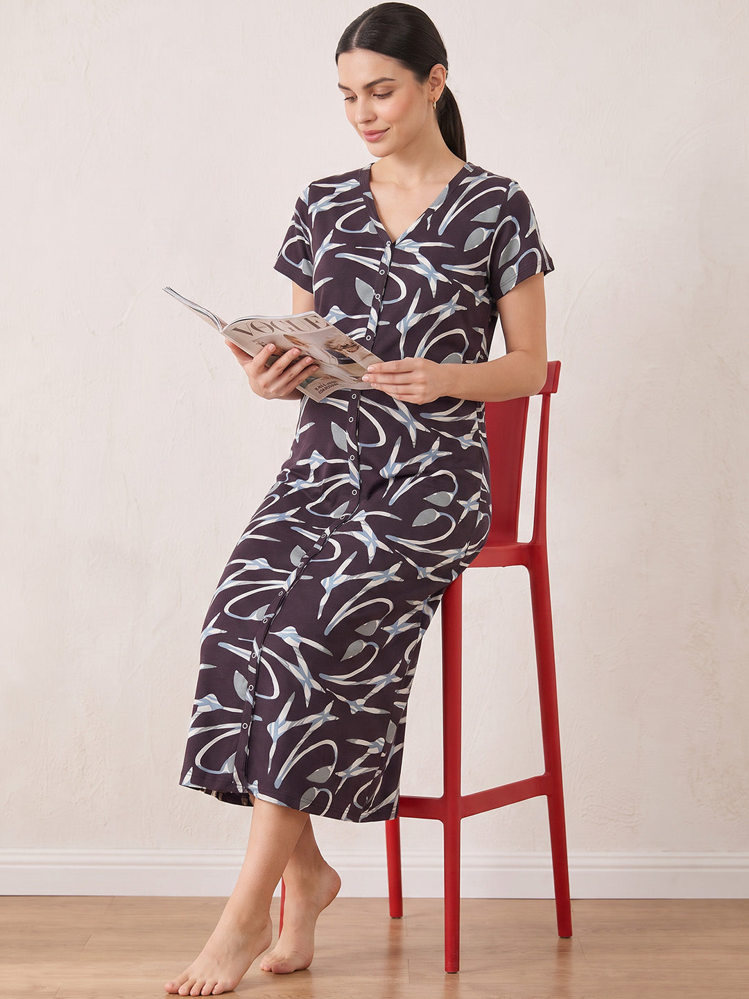 Brown Abstract Hosiery Zipless Maternity Nighty
