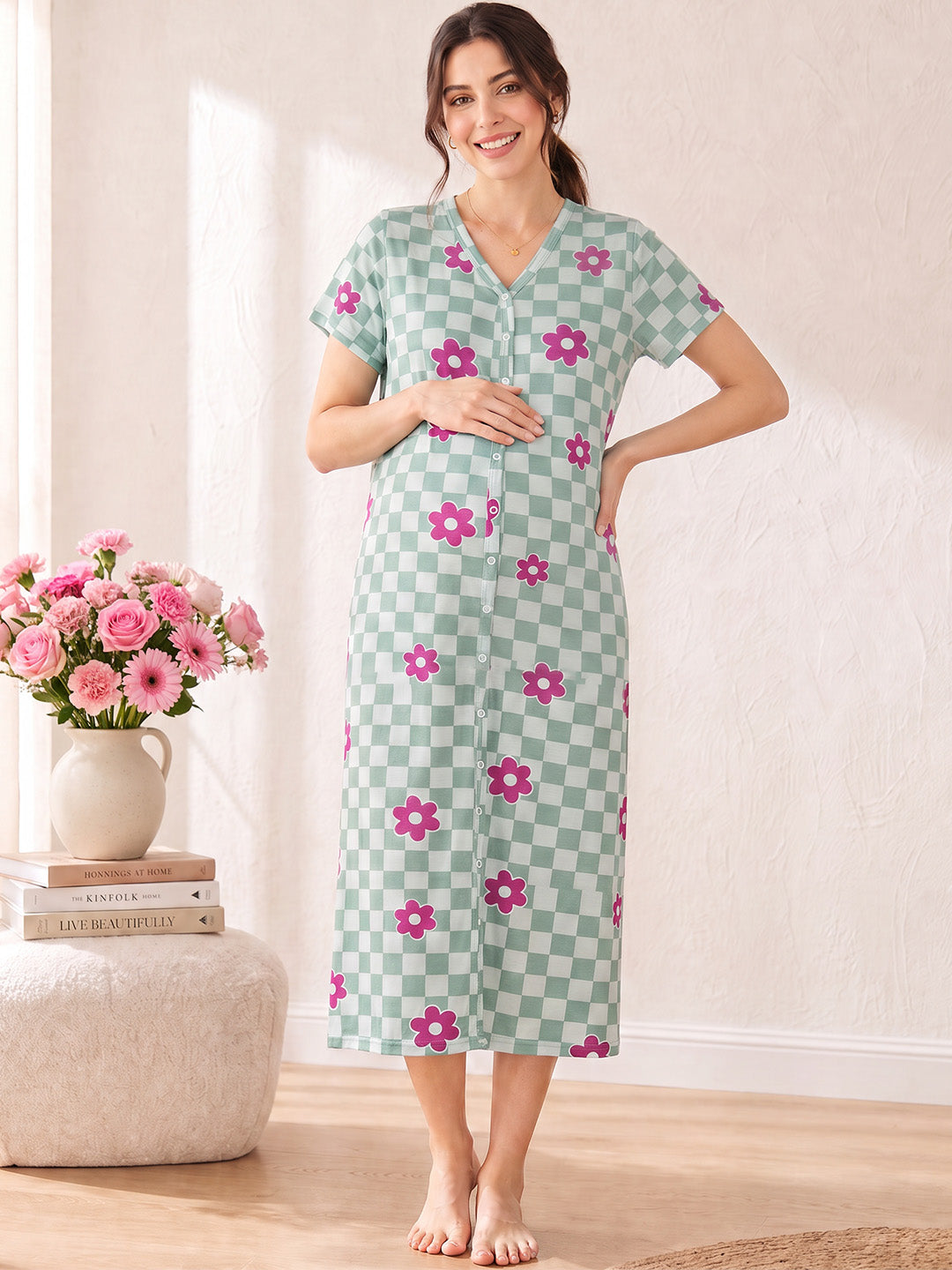 Green Gingham Floral  Hosiery Zipless Maternity Nighty
