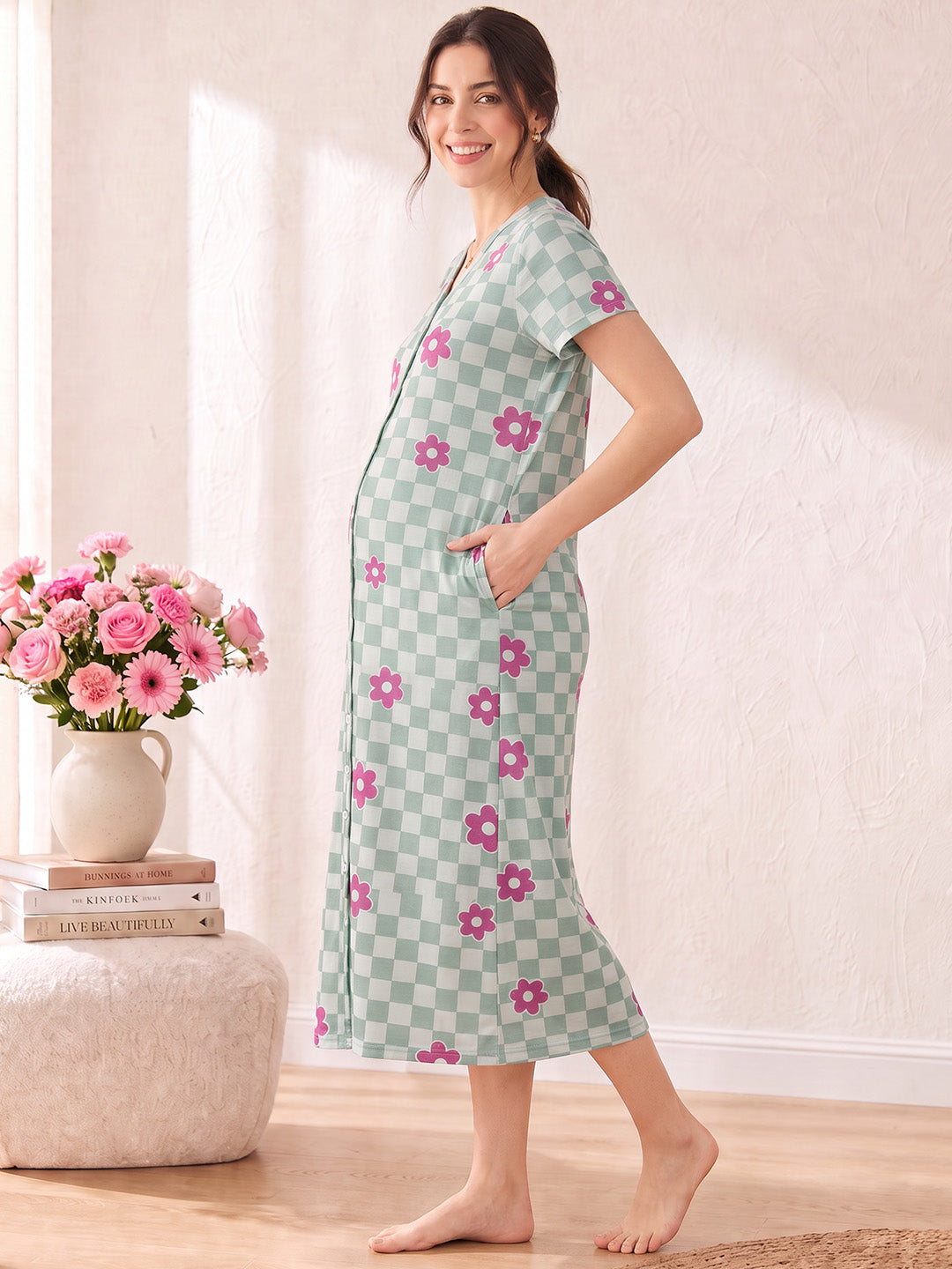 Green Gingham Floral  Hosiery Zipless Maternity Nighty