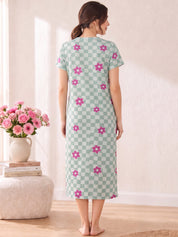 Green Gingham Floral  Hosiery Zipless Maternity Nighty