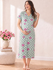 Green Gingham Floral  Hosiery Zipless Maternity Nighty
