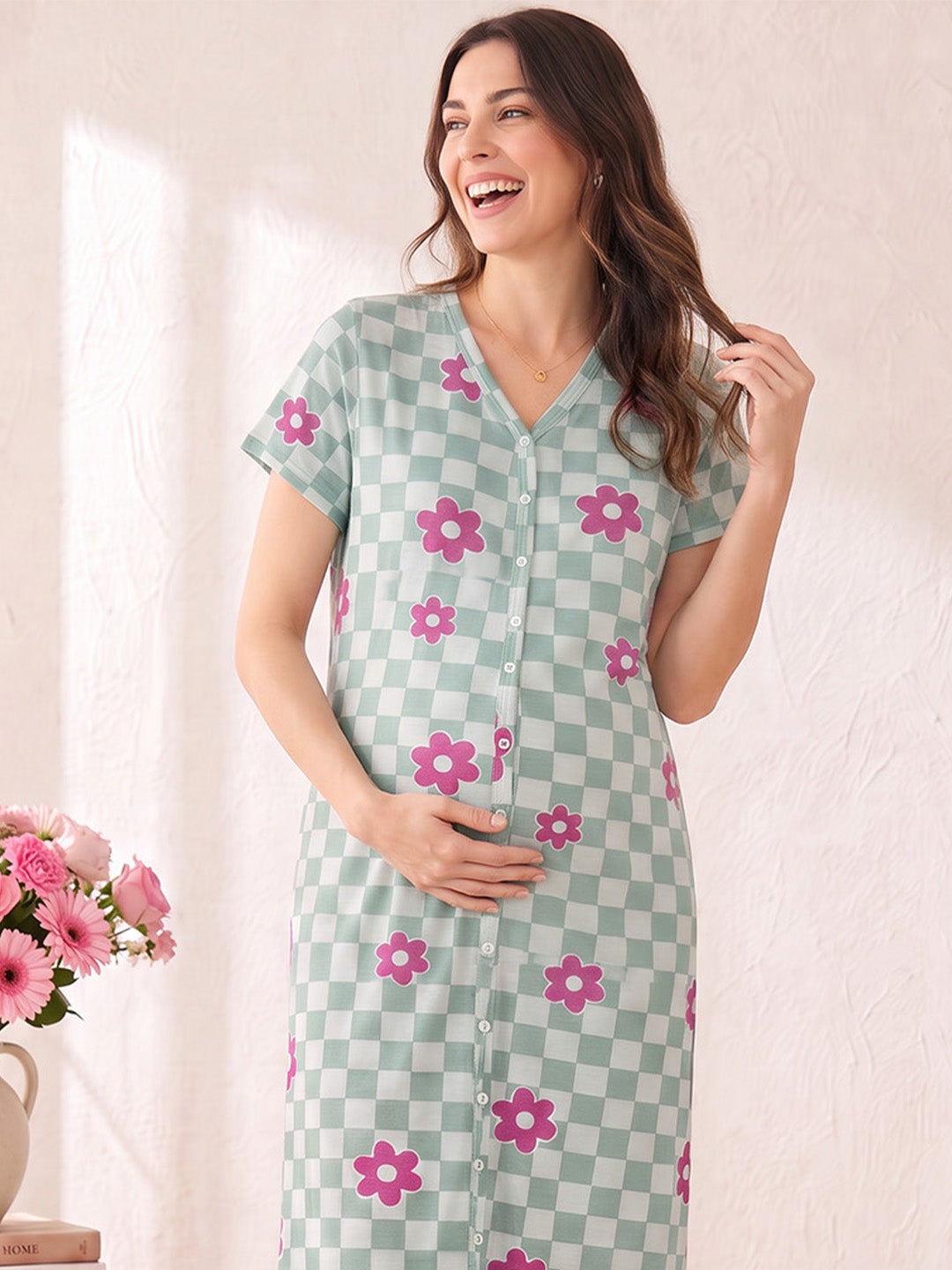 Green Gingham Floral  Hosiery Zipless Maternity Nighty
