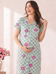 Green Gingham Floral  Hosiery Zipless Maternity Nighty