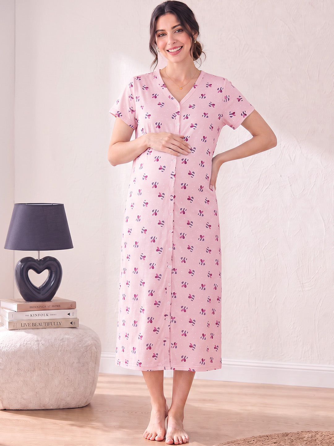 Pink Printed Hosiery Zipless Maternity Nighty