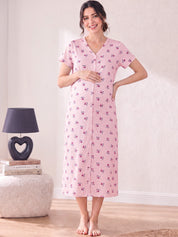 Pink Printed Hosiery Zipless Maternity Nighty