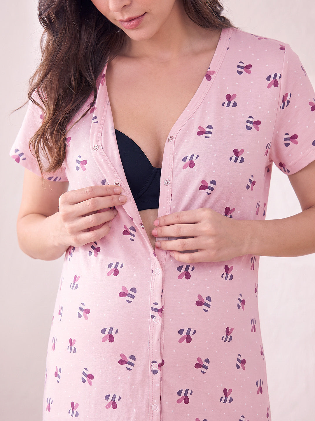 Pink Printed Hosiery Zipless Maternity Nighty