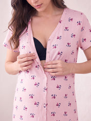 Pink Printed Hosiery Zipless Maternity Nighty