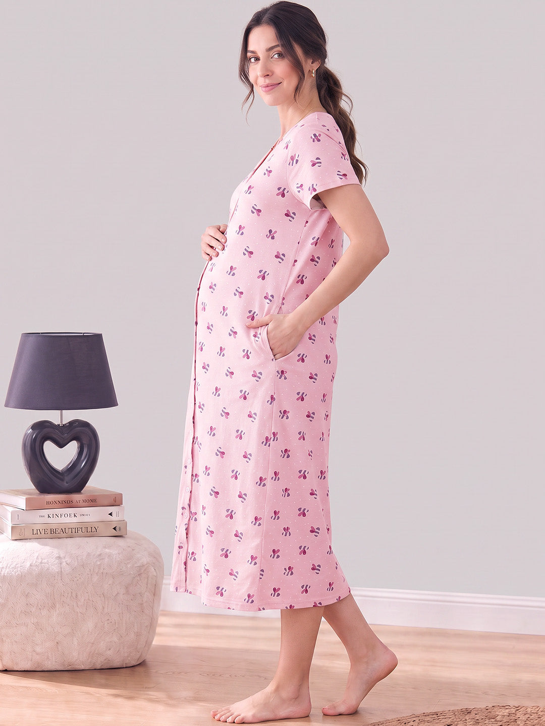 Pink Printed Hosiery Zipless Maternity Nighty