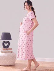 Pink Printed Hosiery Zipless Maternity Nighty