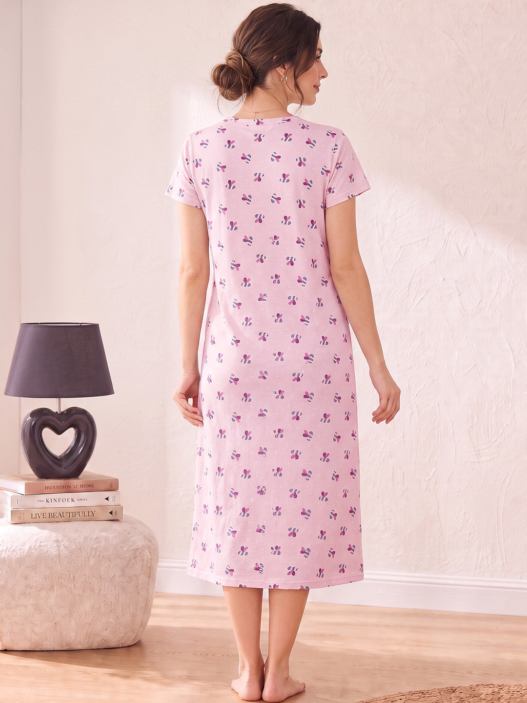 Pink Printed Hosiery Zipless Maternity Nighty