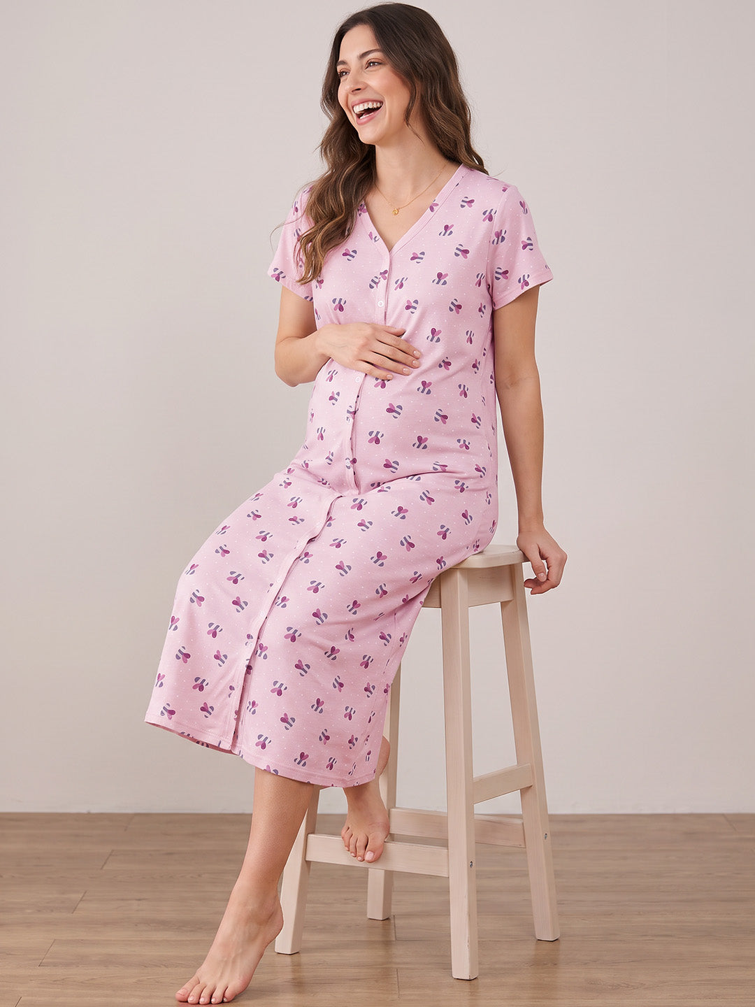 Pink Printed Hosiery Zipless Maternity Nighty