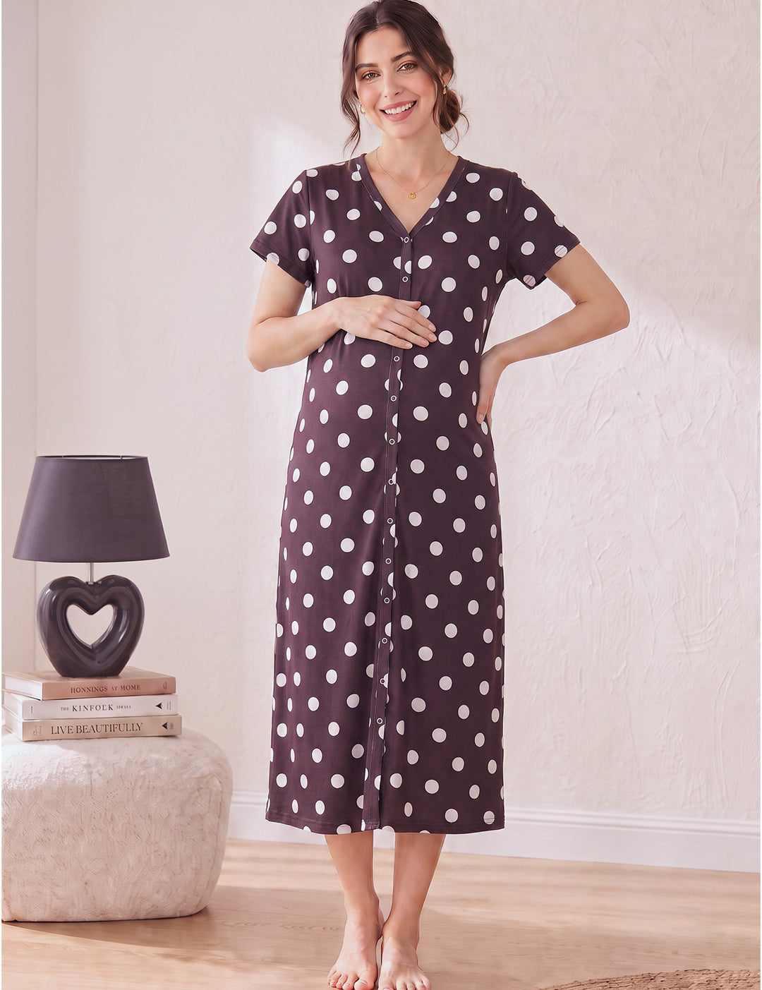 Burgundy Polka Dots Hosiery Zipless Maternity Nighty