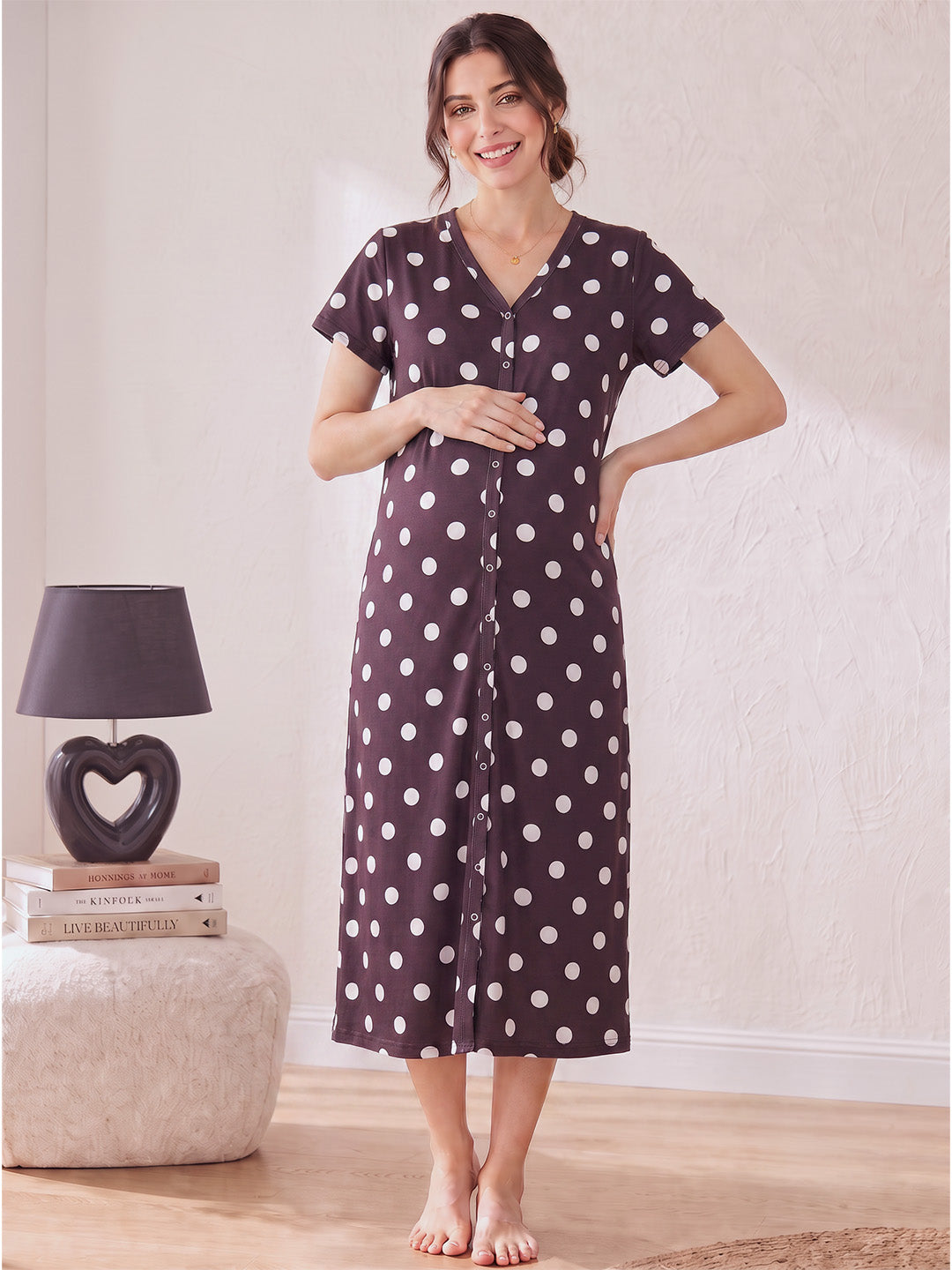 Burgundy Polka Dots Hosiery Zipless Maternity Nighty