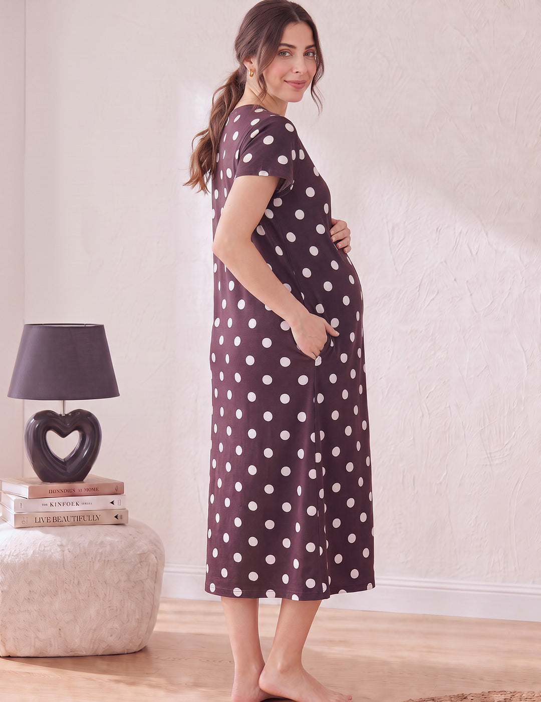 Burgundy Polka Dots Hosiery Zipless Maternity Nighty